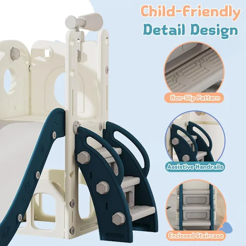 Miniatura 5 de Tobogán 6 en 1 para niños pequeños, deslizador para niños de 1 a 3 años, conjunto de juegos de interior y exterior con aro de baloncesto