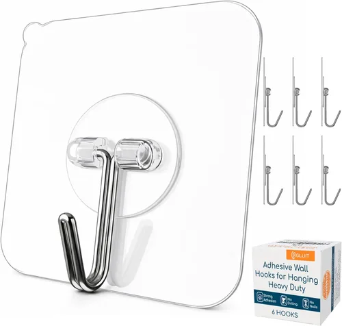 GLUIT Ganchos adhesivos de pared para colgar, ganchos resistentes de 22 libras para paredes, sin daños, gancho transparente adhesivo para toallas,