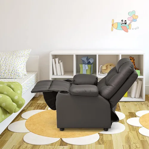 Miniatura 9 de GLACER Silla reclinable para niños con portavasos y bolsillos laterales, reclinable para niños con respaldo cómodo, reposabrazos y reposapiés, Marrón