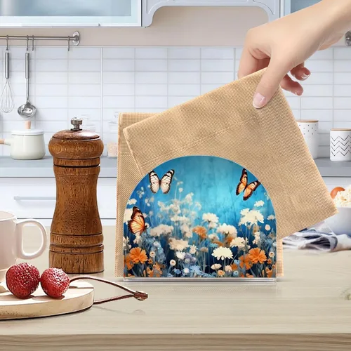 Miniatura 6 de Servilleteros de flores moradas con mariposas para mesas, servilleteros de acrílico transparente, servilleteros de cóctel para cocina, restaurante