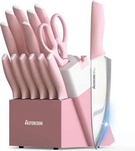 Juego de cuchillos Astercook, juego de cuchillos de cocina con bloque y afilador con revestimiento cerámico de 15 piezas, cuchillos alemanes de