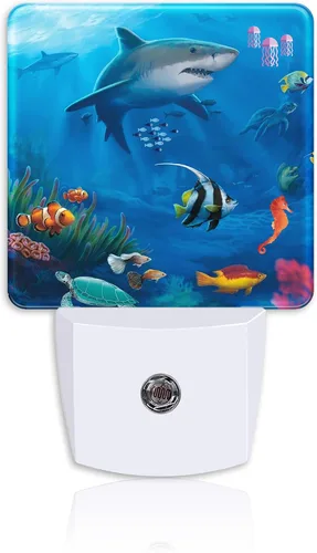 Luz Nocturna del Mundo Submarino Tropical, Tiburón Tortuga Peces y Medusas Luz Nocturna Enchufable con Sensor Automático del Atardecer al Amanecer,