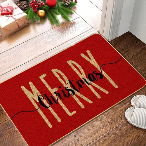 Alfombra Decorativa de Puerta de Bienvenida Roja Feliz Navidad, Alfombra de Puerta de Invierno de Temporada, Alfombra de Piso de Perfil Bajo para