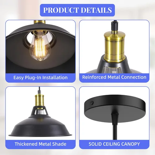 Miniatura 3 de Paquete de 1 lámpara colgante, lámpara colgante industrial con pantalla de metal, iluminación colgante de granja para isla de cocina, pasillo
