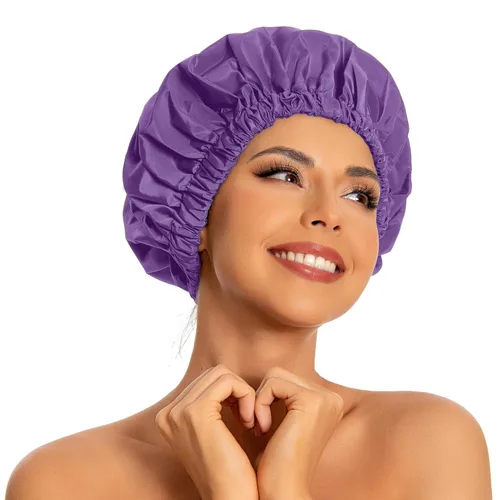 Miniatura 29 de Gorro de ducha reutilizable para mujer, grande, impermeable, lavable, banda elástica, accesorios de baño, sombrero para cabello largo, trenzas Beige