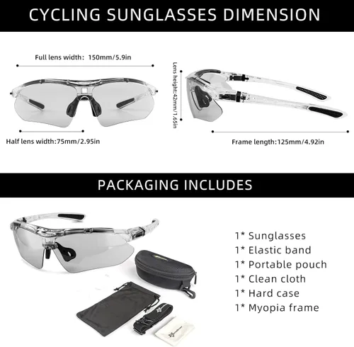 Miniatura 6 de ROCKBROS Photochromic Sports Sunglasses Mens Pickleball Glasses Cycling Glasses MTB Sunglasses, with Removable Elasctic Band Gris