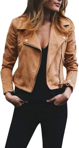 Chaqueta corta de piel sintética para mujer, talla grande, color liso, con cremallera, ajuste delgado, ligera, para motocicleta