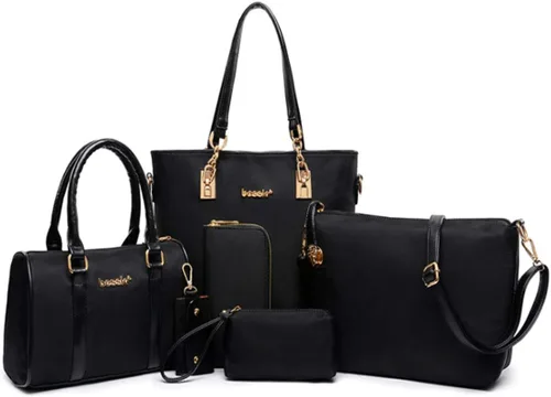 Juego de 6 bolsas con asa superior de nailon para mujer, incluye bolsa grande, bolsa mediana, bolsa de hombro, cartera, bolsa de mano y llavero