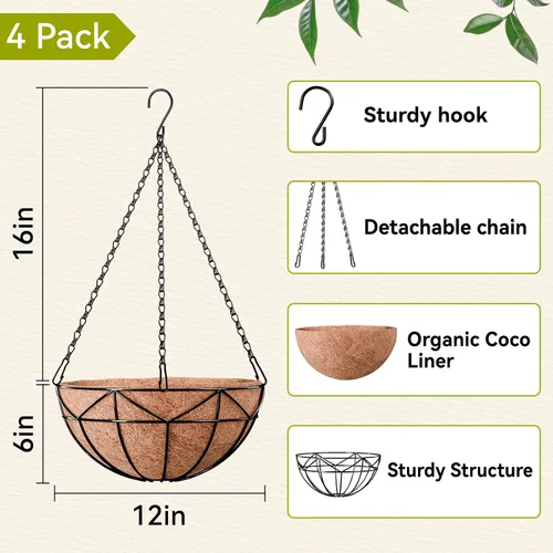 Miniatura 2 de Halatool - Paquete de 4 macetas colgantes de 12 pulgadas para plantas al aire libre - Pequeños colgadores de jardín con revestimiento de coco