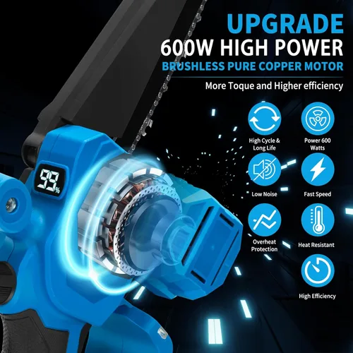 Miniatura 6 de Mini motosierra inalámbrica, de 8 y 6 pulgadas con 2 baterías de 4.0 Ah, 4 cadenas, 4 placas guía, indicador LED, motosierra eléctrica sin