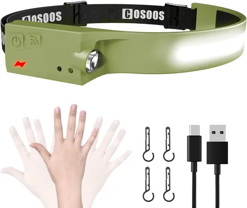 Miniatura 11 de COSOOS Linterna recargable de 2 LED, linterna brillante, diadema ajustable para niños y adultos, haz ancho de 1000 lúmenes y luz puntual, sensor