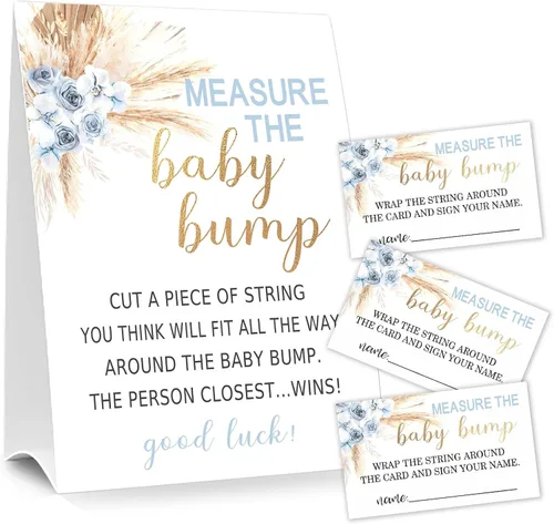 Letrero de Baby Shower Games Measure the Baby Bump, How Big is Mommy's Belly Party Favors, cartel de pie Kraft de 5 x 7 pulgadas y 50 tarjetas de