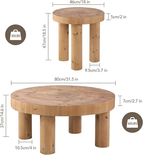 Miniatura 2 de RUSTOWN Mesa auxiliar redonda de 2 piezas, juegos de mesa auxiliar rústica, acabado de anillo de madera circular con patas de madera maciza, juego