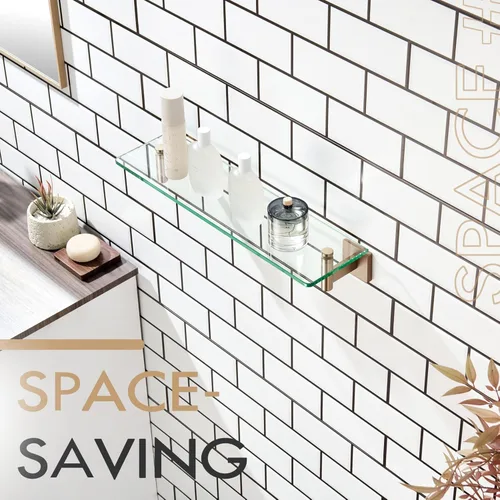 Miniatura 8 de KOKOSIRI Estantes de pared para baño, estante flotante de vidrio templado, estante colgante para almacenamiento/decoración de habitación, 20 Bronce