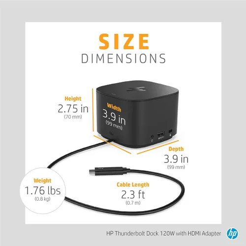 Miniatura 3 de HP Base Thunderbolt de 120 W con adaptador HDMI, estación de acoplamiento universal USB-C, un cable, múltiples conexiones, con una sola conexión