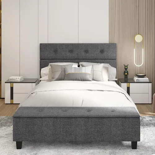 Miniatura 6 de Giantex Base de cama matrimonial con almacenamiento otomano, base de cama tapizada de lino con cabecero capitonado con botones y 4 patas de soporte