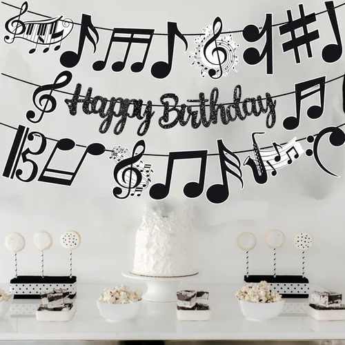 Miniatura 8 de Cartel de feliz cumpleaños con notas musicales, decoraciones de fiesta musical negra para tema de piano, suministros de baby shower