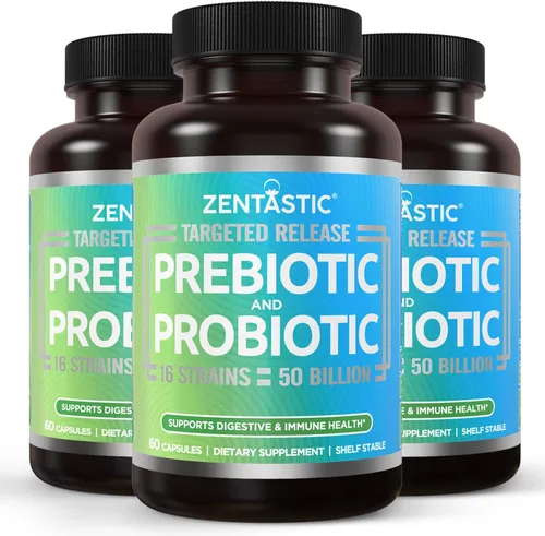 Zentastic Suplemento de probióticos y prebióticos – 50 mil millones de UFC – para hombres y mujeres, salud inmune y digestiva – 16 cepas – estable –
