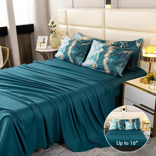 Miniatura 5 de PERFEMET Juego de edredón de 6 piezas tamaño Full, color oro aguamarina, ropa de cama en una bolsa, edredón de mármol acuarela con sábanas, suave