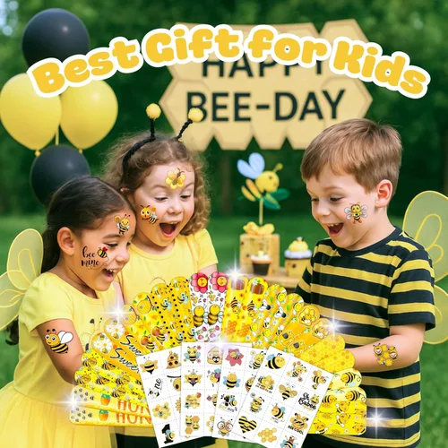 Miniatura 2 de Juego de 72 piezas para fiesta de abejas, 48 tatuajes temporales y 24 pulseras de bofetada, suministros de cumpleaños con temática de abejorro