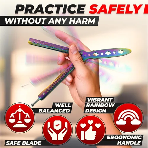 Miniatura 4 de Rainbow - Cuchillo de mariposa de práctica de 8.2 pulgadas con hoja embotada, cuchillo de mariposa de entrenamiento de metal con asas fuertes