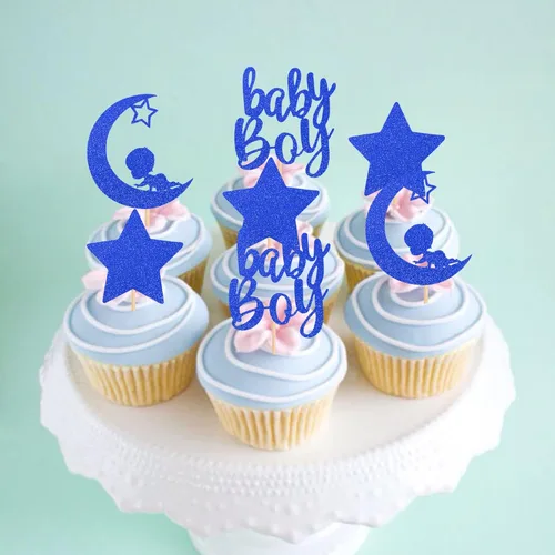 Miniatura 3 de 24 piezas de adornos para cupcakes para bebé niño con purpurina luna, estrella, baby shower, revelación de género, cupcakes para celebrar cumpleaños