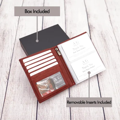 Miniatura 5 de ag wallets Billetera de cuero de napa RFID para hombre con 2 ventanas de identificación, billetera grande para hombre, billetera plegable