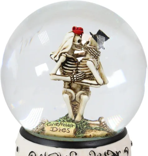 Miniatura 6 de Ebros Gift Day of the Dead Love Never Dies Bride and Groom - Esqueletos franceses de besos arrodillados por cementerio Globo de agua con purpurina