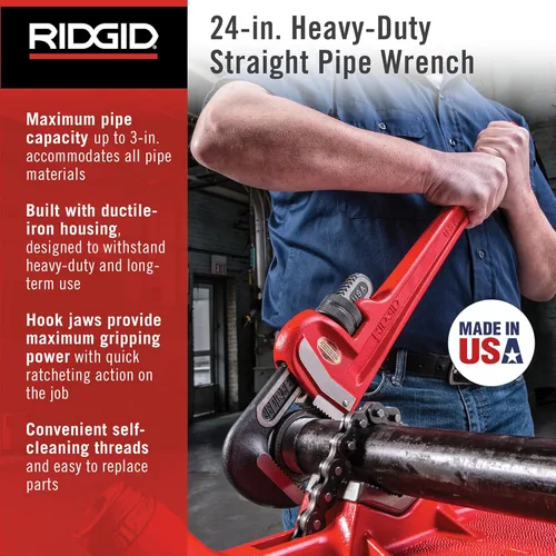 Miniatura 2 de RIDGID 31030 - Llave de tubería recta de servicio pesado, llave de fontanería resistente de 24 pulgadas con hilos autolimpiantes y mordazas