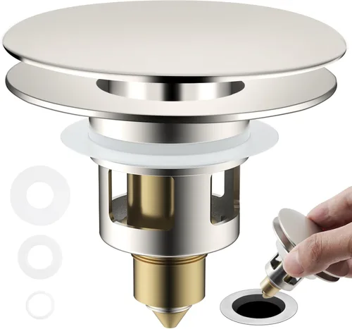 Colador universal de drenaje para lavabo de baño, mejorado con cesta de filtro de acero inoxidable extraíble, tapón desplegable 2 en 1 para orificio