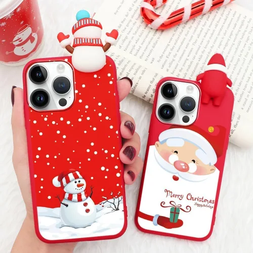 Miniatura 2 de Paquete de 2 fundas navideñas lindas para iPhone 13 Pro, patrón rojo 3D de muñeco Papá Noel muñeco de nieve Feliz Navidad de silicona suave TPU