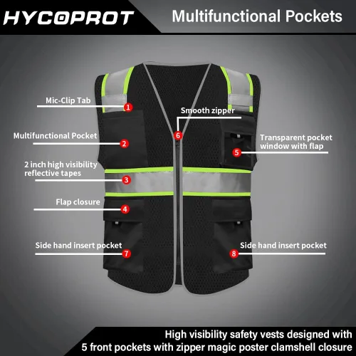 Miniatura 2 de HYCOPROT Chalecos de seguridad reflectantes de malla de alta visibilidad con bolsillos y cremallera, cumple con las normas ANSI/ISEA