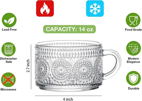 Miniatura 2 de Mfacoy Juego de 2 tazas de café vintage, tazas de vidrio en relieve de 14 onzas con asa, tazas transparentes para capuchino, latte, cereales, yogur