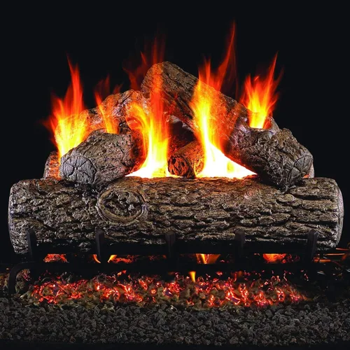 Peterson Real Fyre - Juego de troncos de roble dorado de 24 pulgadas con quemador G45 de gas natural ventilado, luz de fósforo