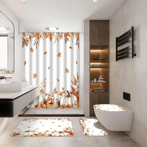 Miniatura 2 de MEHOFOND Juego de 4 cortinas de ducha de otoño con hojas de arce y calabaza, hojas de otoño, cosecha, Acción de Gracias, acuarela, decoración
