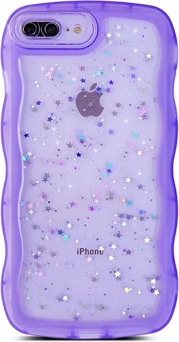 Miniatura 101 de Qokey Funda para iPhone 12 Pro Max de 6.7 pulgadas, diseño de onda rizada, borde transparente, brillante con purpurina, estrella brillante, bonita
