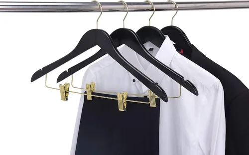 Miniatura 4 de Perchas de madera de calidad para faldas con clips, paquete de 10 perchas lisas de madera maciza para pantalones con clips de metal ajustables