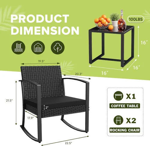 Miniatura 4 de Homall - Juego de muebles de patio de 3 piezas de resina para uso en exteriores - Juego de bistró con sillas de columpio acolchadas y mesa para Negro