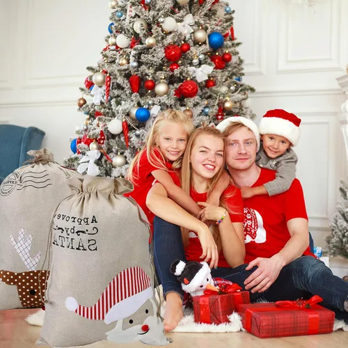 Miniatura 6 de XinblueCo Santa Sack - Paquete de 2 bolsas de lona de reno de Navidad con cordón, bolsa de regalo de Navidad extra grande para niños, tamaño 27.5 x