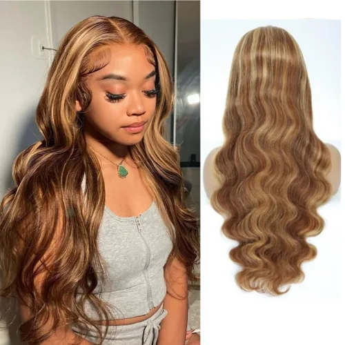 ALHER Pelucas de cabello humano con encaje frontal de gorra pequeña #4/27 rubio miel con reflejos, pelucas de encaje frontal de 13 x 4 con cabello