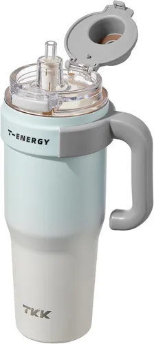 Miniatura 12 de TKK Vaso de 27 onzas con asa y popote, botella aislada con revestimiento de cerámica, taza de viaje 100% a prueba de fugas para agua, té helado