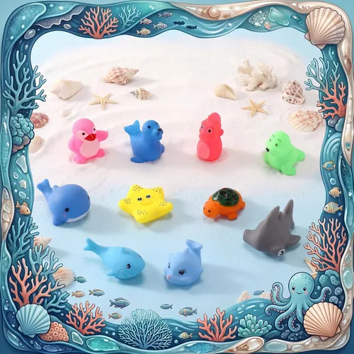 Miniatura 3 de Poen 100 juguetes de bañera de animales marinos a granel, lindos juguetes de baño de goma flotantes, animales chirriantes del océano