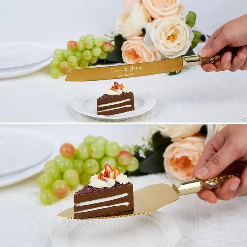 Miniatura 4 de Juego de cuchillo personalizado para tartas y servidor, cuchillo y servidor para tartas doradas, cubiertos de boda personalizados para una ceremonia