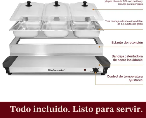 Miniatura 6 de Elite Gourmet EWM-6171 - Servidor de buffet con control de temperatura, calentador de alimentos, 3 bandejas triples de 2.5 cuartos de galón, tapas