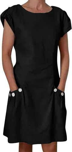 Vestidos de primavera para mujer, de lino, color sólido, holgado, cuello redondo, manga corta, bolsillos, vestidos de verano, tallas grandes