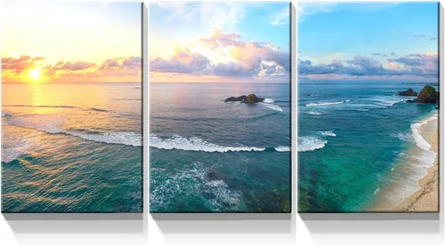 Miniatura 10 de Denozer - Lienzo decorativo de 3 paneles para decoración del hogar, mar azul, puesta de sol y playa, pintura blanca, impresión sobre lienzo, paisaje