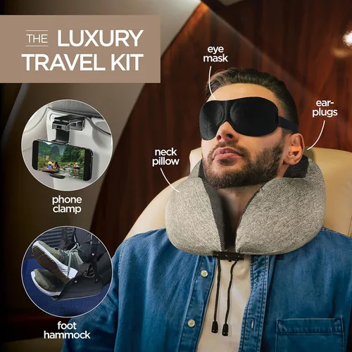 Miniatura 6 de Homeify Kit de viaje en avión, almohada ajustable para el cuello del avión de espuma viscoelástica con soporte para teléfono, máscara de ojos, Gris