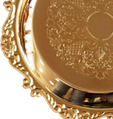 Miniatura 9 de TITA-DONG Plato redondo de fruta, bandeja de metal para servir alimentos, platos redondos vintage, bandeja de frutas, postre y pastel, disco Dorado