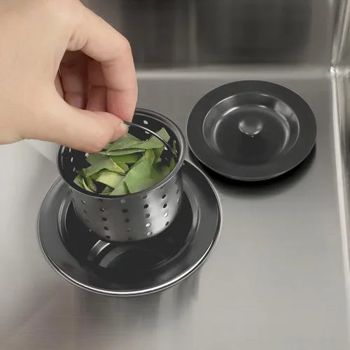 Miniatura 6 de Conjunto de drenaje de fregadero de cocina negro, colador negro con cesta de basura profunda extraíble, apto para fregaderos de cocina