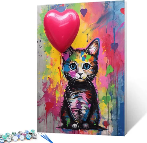 Miniatura 12 de Tucocoo Kits de pintura de globos coloridos por números con pinceles y pigmento acrílico sobre lienzo para adultos, cuadro de calle Banksy Little